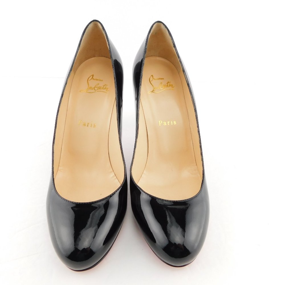 CHRISTIAN LOUBOUTIN Black Patent Leather Classic Round Toe Dress Heel Pumps 38